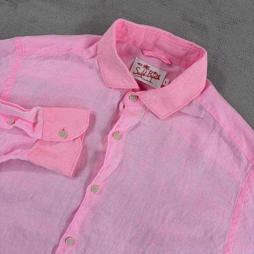 MC2 SAINT BARTH Pure 100% Linen Shirt in Pink Men Large Resort Beach NWOT $200